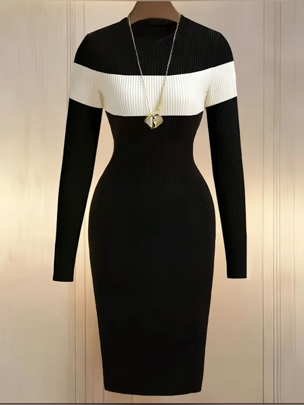 Sweater Dress Elegant Black & White Bodycon Midi Dress